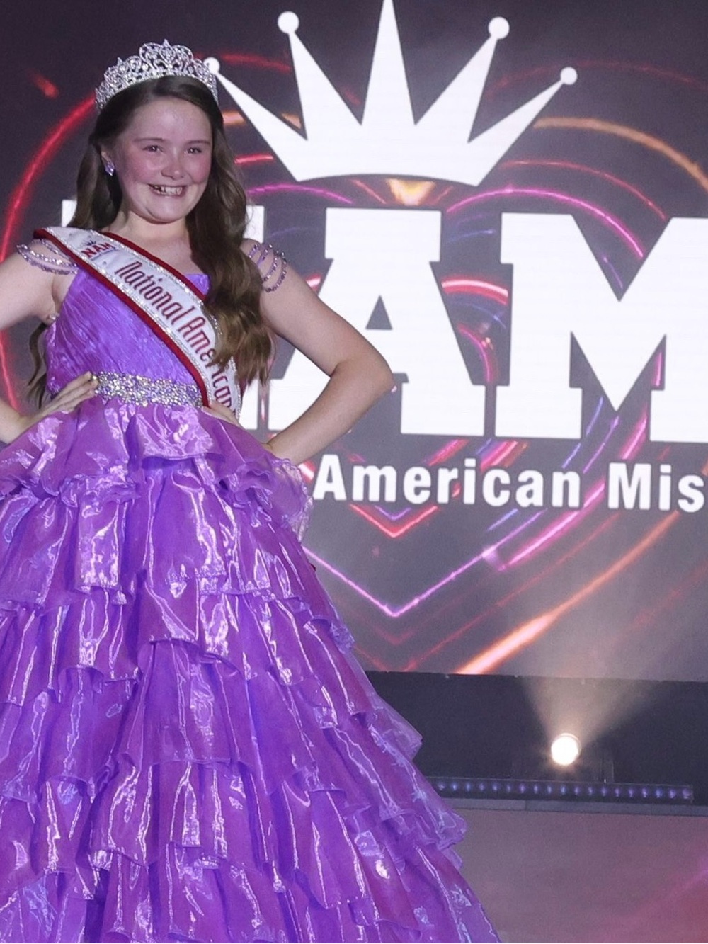 Rachel Allan Purple Layered Tulle Ball Gown with Rhinestone Waist